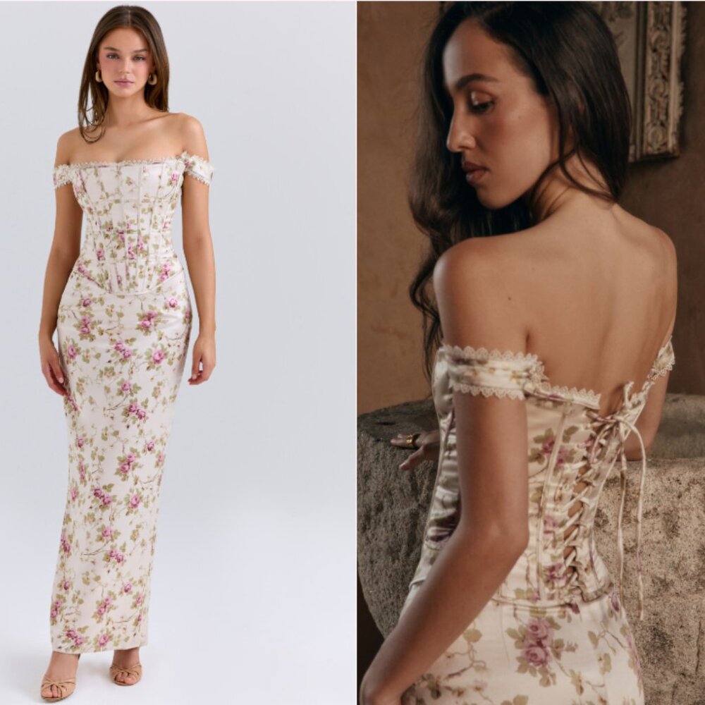 HOUSE OF CB 'Isis' Vintage Cream Floral Print Corset Maxi Dress NWOT